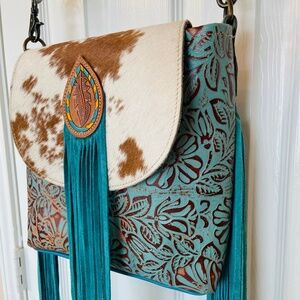 Myra Cowhide Fringe Crossbody Bag Western Boho Turquoise and Brown High Quality